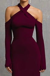 Burgunderrotes Meerjungfrau Spandex Langes Ballkleid mit Ärmeln